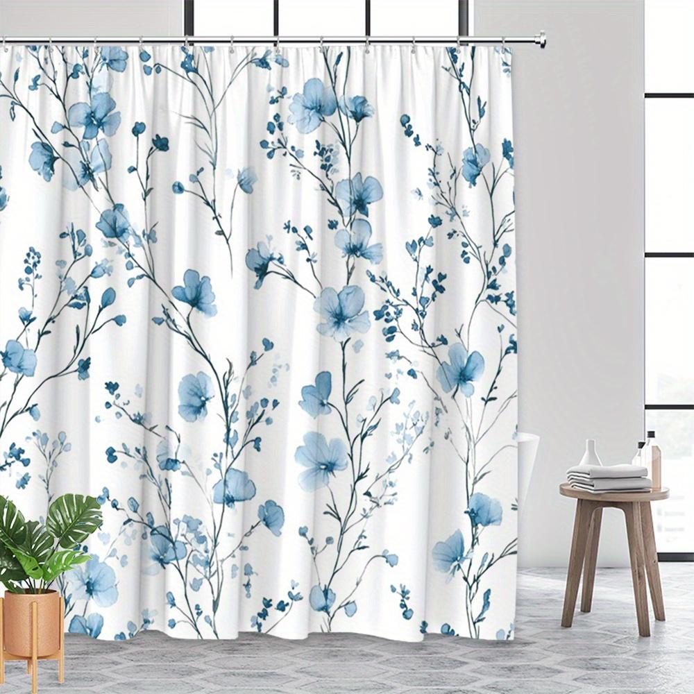 1 sztuka biało-niebieskiej zasłony prysznicowej w kwiaty, można prać w pralce, tkanina poliestrowa, z haczykami, odpowiednia do dekoracji łazienki