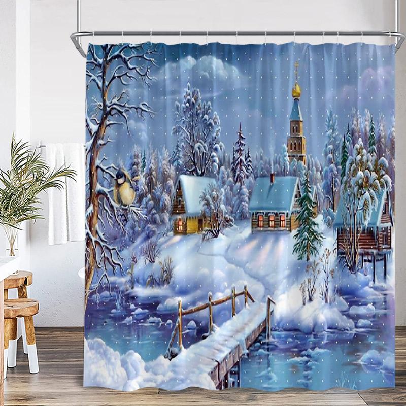 

Дед Мороз Рождественская шторка для душа Зимний дом Рождественская елка Подарок Кот Камин Тканевая шторка для ванны Домашний декор для ванной комнаты с крючками 90x180cm-35x70in