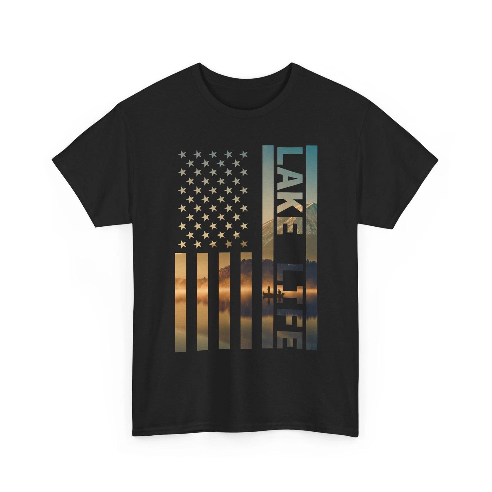 Lake USA Flag T shirt, Lake Life Boating Fishing Summer Lake Lovers Shirt S