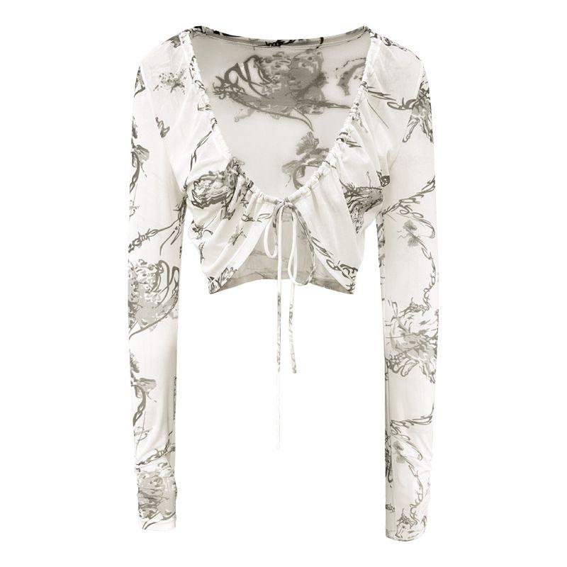 

Export Yoga Clothes Women s Breathable Printed Mesh Quick-Drying Long Sleeves Blouse Outdoor Sports Strap Wrap Short Fitness Cardigan Ivory Print blouse XL