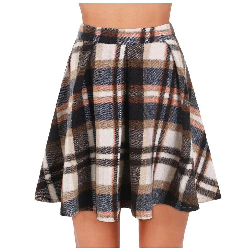 

European and American Spring and Autumn New Fashion Preppy Retro High Waist Plaid A Word Back Zip-up Mid-Length Skirt for Women Khaki 2XL