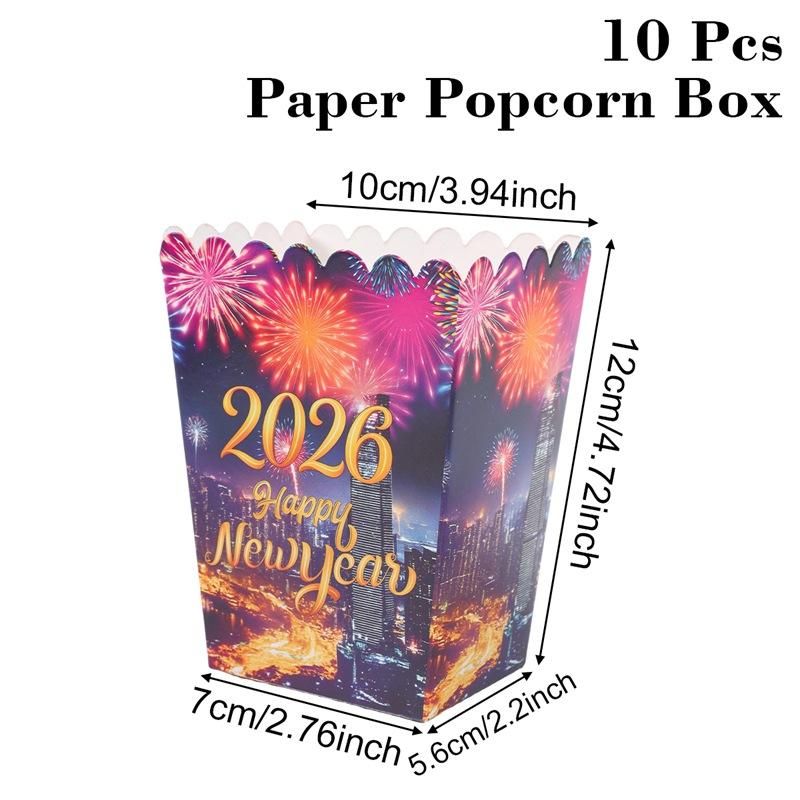 10Pcs Happy New Year 2026 Theme Party Decor Fireworks Popcorn Box Candy Cookie Packaging Boxes For Movie Night Party Decor
