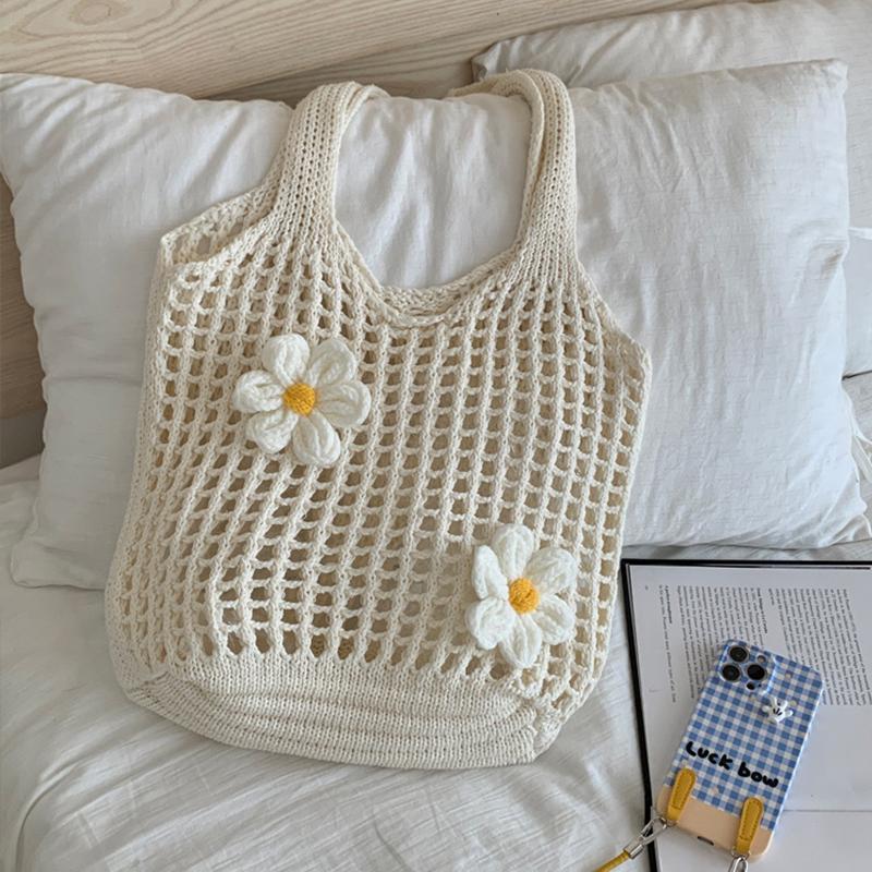 Women Knitted Shoulder Bag Tote Handbag Large Capacity Summer Beach Bag Lightweight Casual Top Handle Bag Chic Hobo Bag