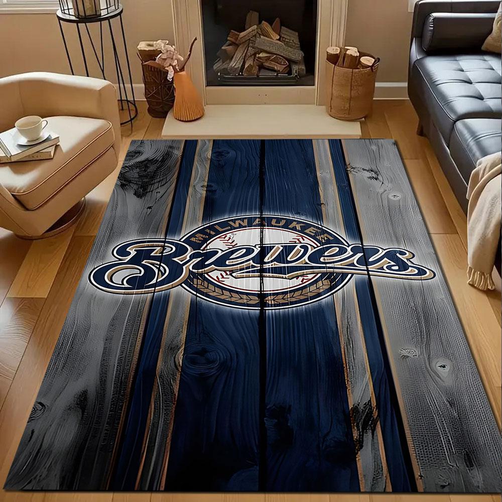 "Milwaukee Brewers Logo On Wood Texture" Patterned Carpet, Non Slip Mat Suitable for Living Room and Bedroom Sofas