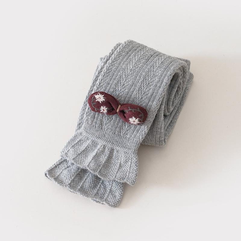 Lovely Baby Girls Trousers Solid Color Cartoon Trousers Knit Side Bowknot Trim Leggings Soft Warm Spring Autumn Cotton Tights