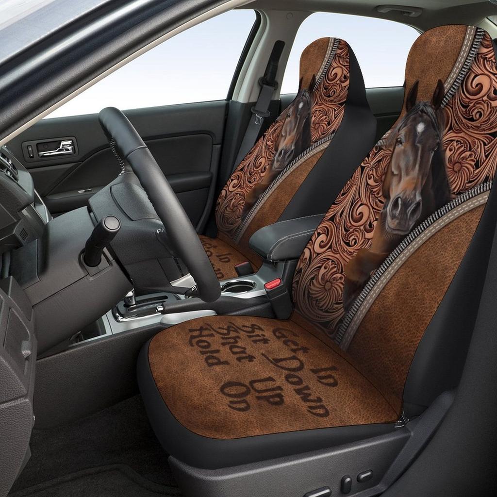 2pcs Western Horse Design Car Seat Covers - Breathable Non-Slip Universal Fit Front Seat Protectors With "Sit Stay Roll Over" Pr