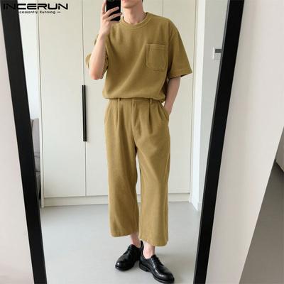 Two Pieces Outfits Men Lapel Neck Corduroy Short Sleeve T-Shirt Long Harem Pants Sets 