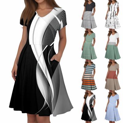 Women's Summer Casual Print V-Neck Short Sleeve Dress With Pockets