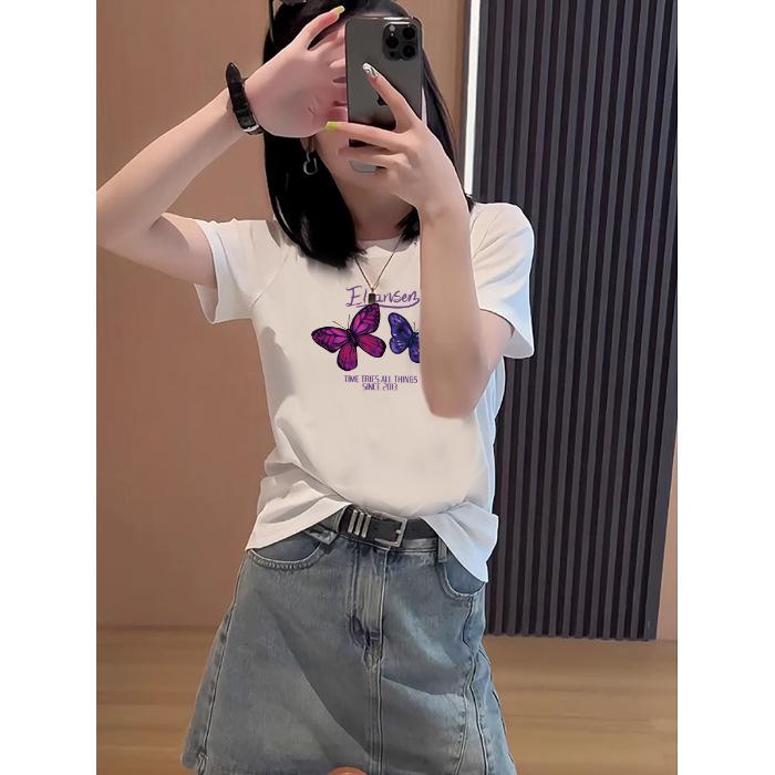 

Хлопковая короткая футболка с короткими рукавами женская летняя с высокой талией свободная и тонкая с принтом на груди и плечах футболка топ универсальная для маленьких мужчин S