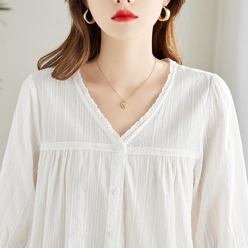 Lace Lace V-neck Shirt for Women's Summer New French Chic Loose Top Pure Cotton White Shirt