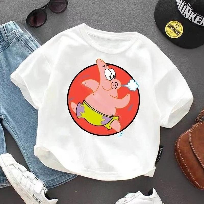 SpongeBob SquarePanted Child Short Sleeve TShirt Anime Character Print Cotton Pullover Boys Girls Summer Casual Crew Neck Tops
