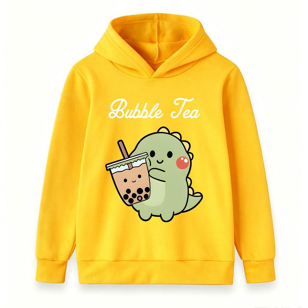 Kids Boys Girls Cute Dinosaur Bubble Tea Printed Pullover Hoodie, Soft Casual Long Sleeve Hooded Sweatshirt for Little Children Daily Wear