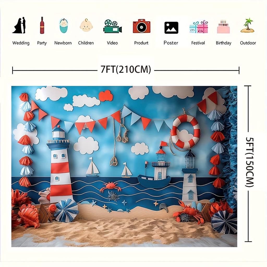 Nautical themed backdrop - sailboat, shells and starfish pattern, perfect for summer parties and birthday celebrations