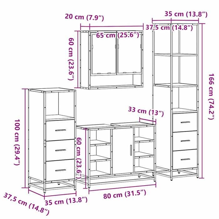 VidaXL Ensemble de meubles de salle de bain 4 pcs chêne sonoma, armoire de salle de bain, armoire de rangement de toilette, 3301301