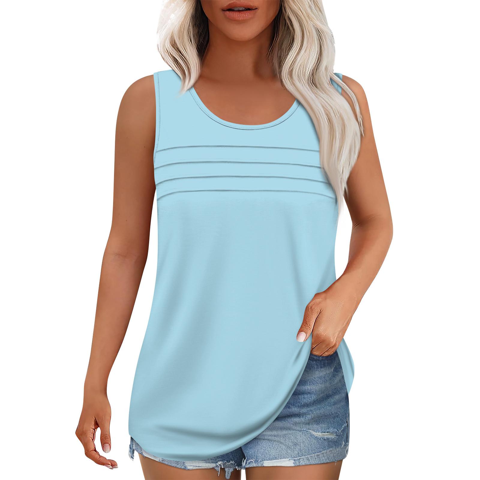 

Майка для женщин Летние наряды Блузки без рукавов Повседневные свободные рубашки Округлый вырез Складки спереди M