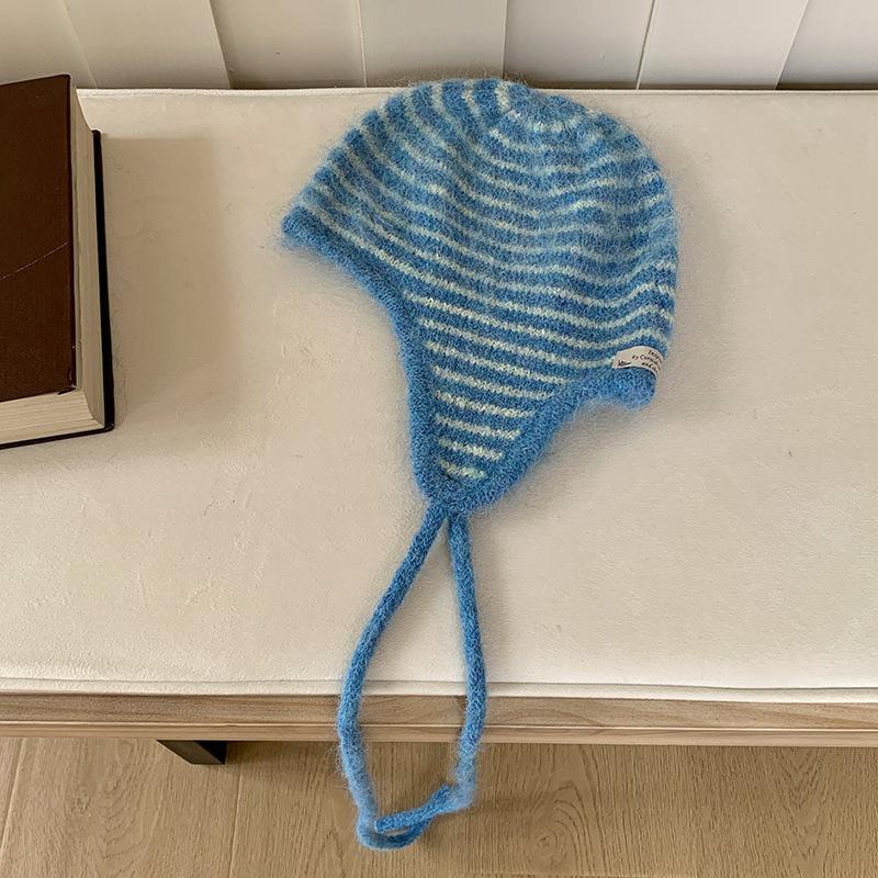 Women Winter Hat 100% Wool Knitted Black White Striped Beanie Baggy Cap Warm Windproof Outdoor Ski Balaclava Casual New