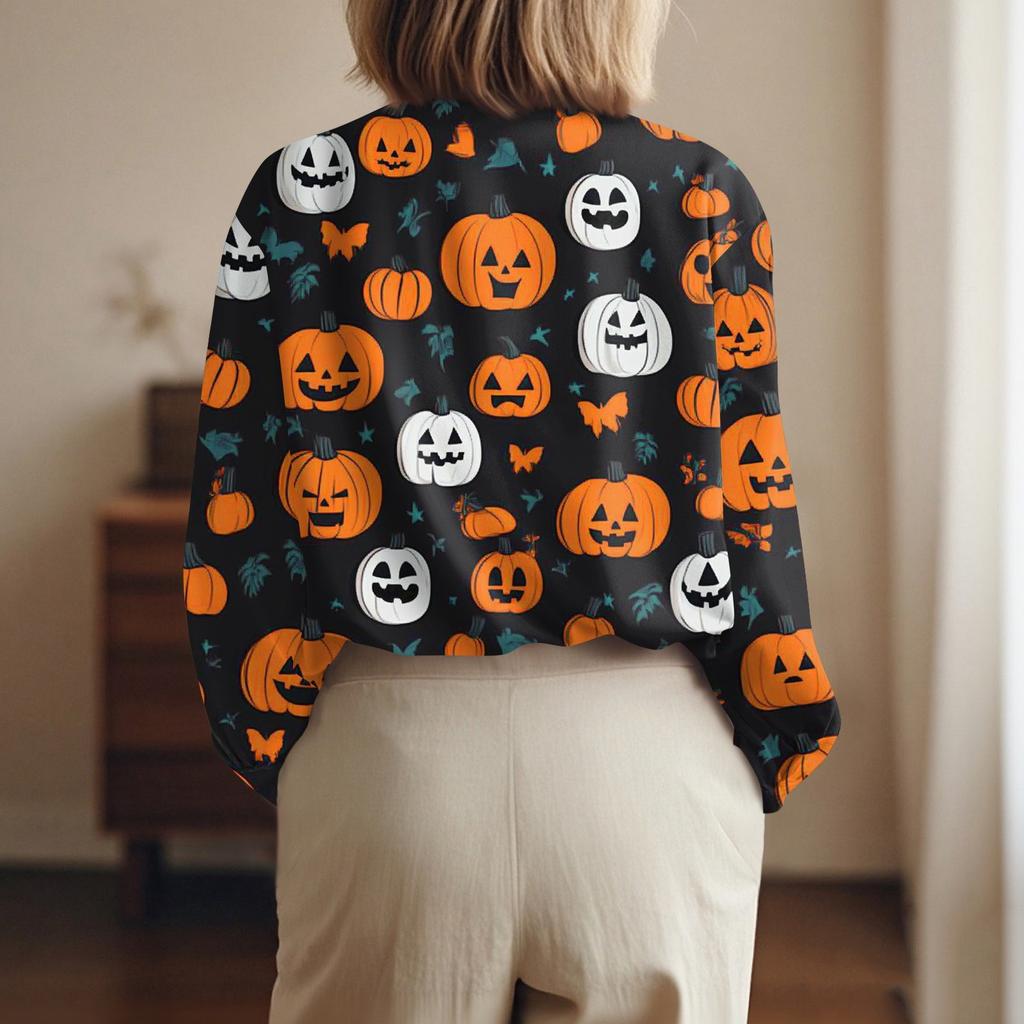 Damen Hemd Bluse Halloween Print Knopf Langarm Lässig Basic Hemdkragen Regulär Top