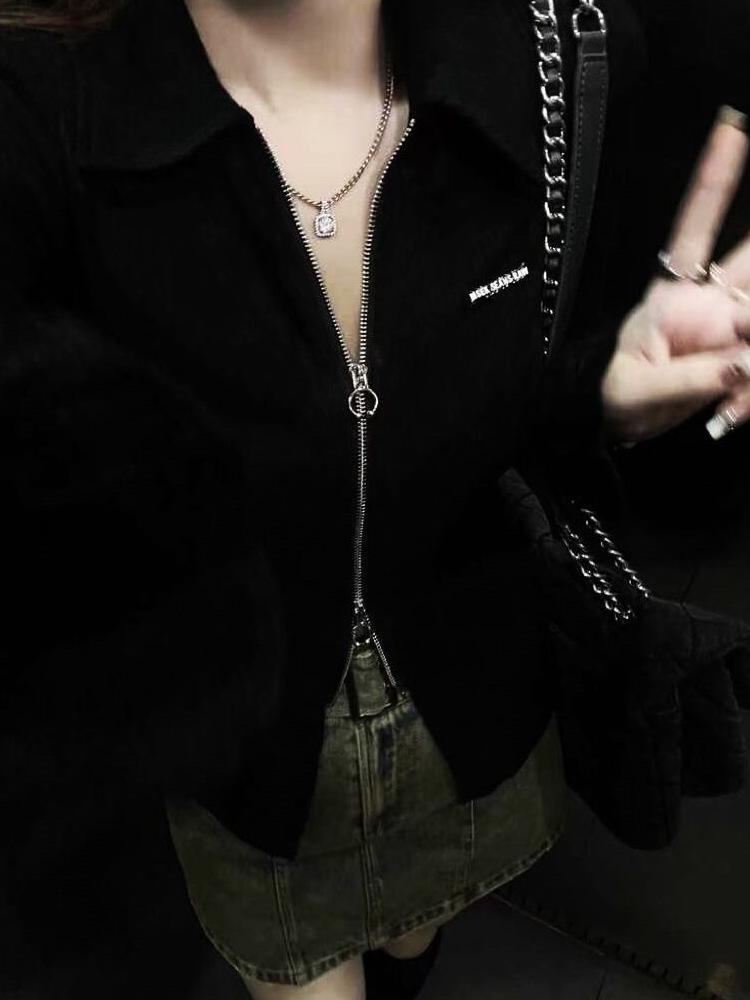 Frühling & Herbst Slim Fit Reißverschluss-Polo: Heißes Mädchen Langarm T-Shirt