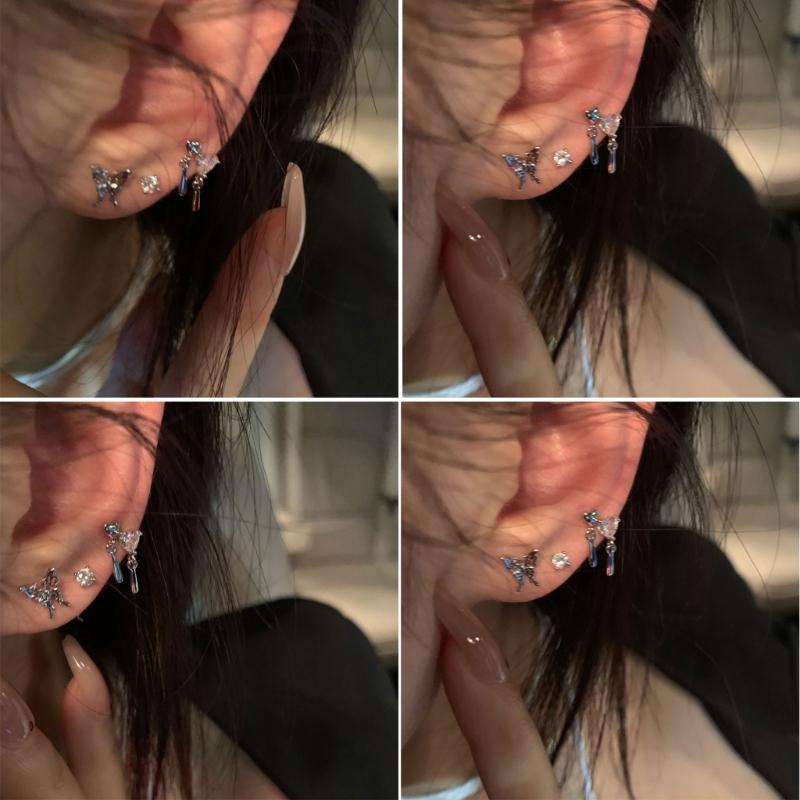 6Pcs Silver Rhinestones Butterfly Earrings Women Exquisite Casual Jewelry Punk Heart Stud Earrings for Girlfriend Gift