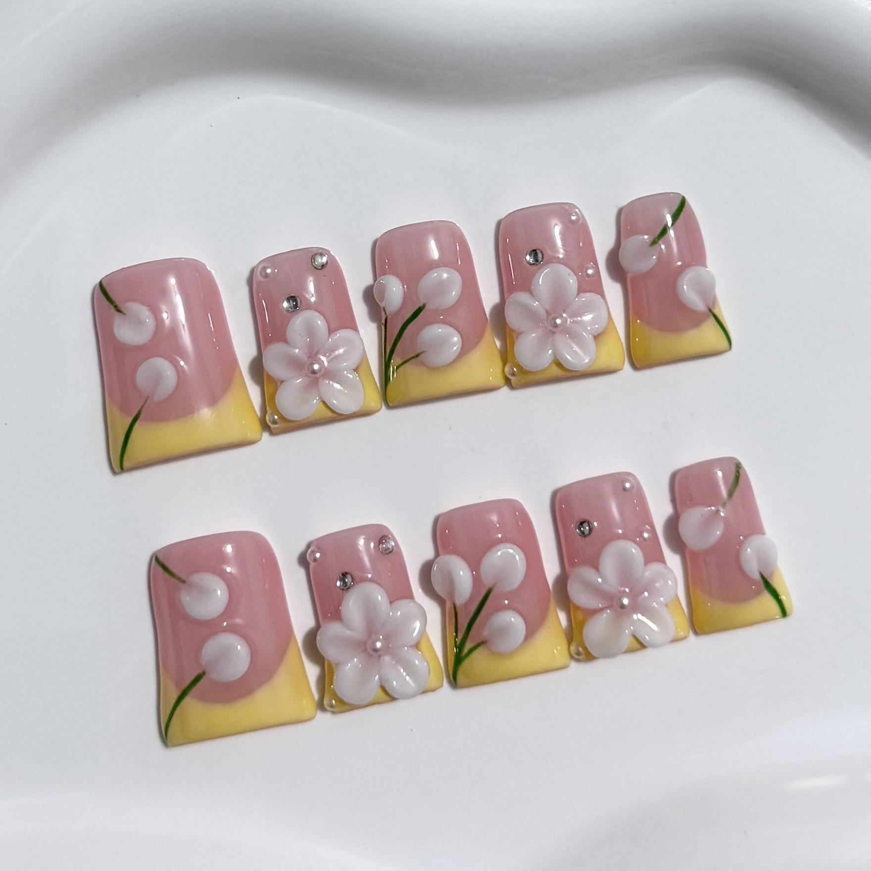 European & American Sweet Duckbill 3D Carved French Handmade Wearable Nails L size [includes tool kit]