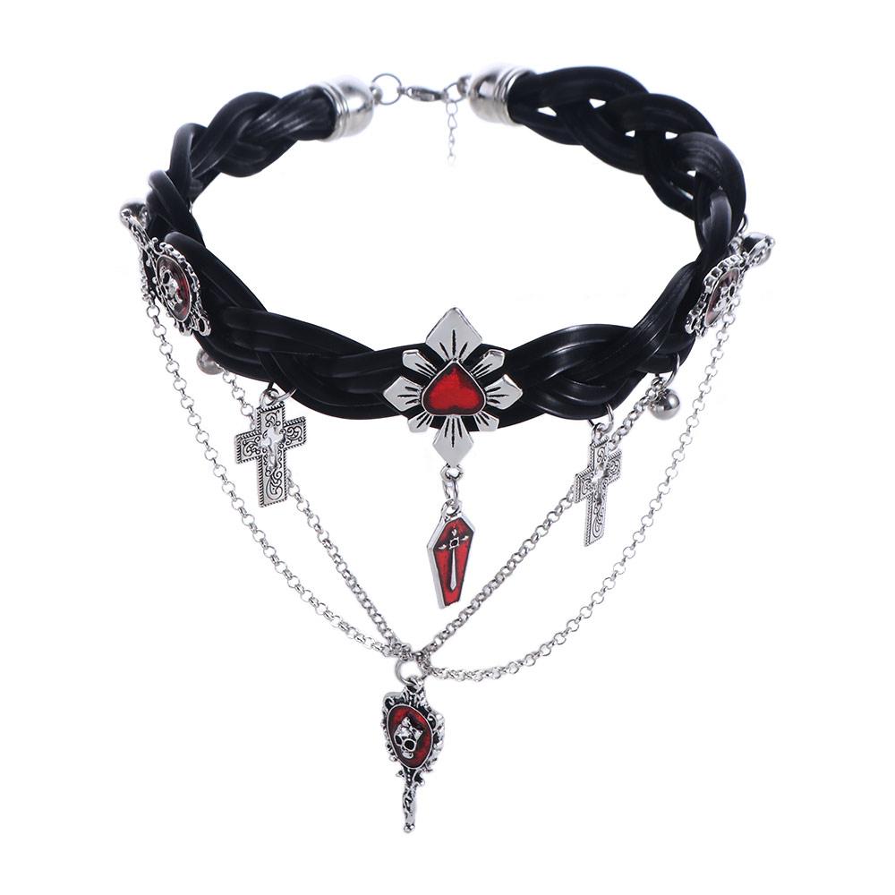 

Punk Corss Halloween Skull Choker Skeleton Red Y2K Leather Necklace Gothic Imitation Pearl Tassel Beaded Necklace Unisex чёрный