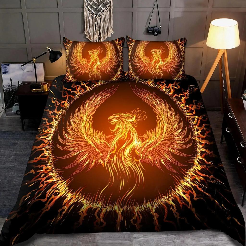 Dragon and Phoenix Duvet Cover Set Full Queen Size, Fantasy World Monster Gothic Bedding Sets Bohemian Mandala Comforter Cover