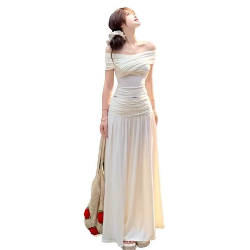 French white off-shoulder top for women, summer design with a gentle and elegant knit midi skirt, two-piece set dress