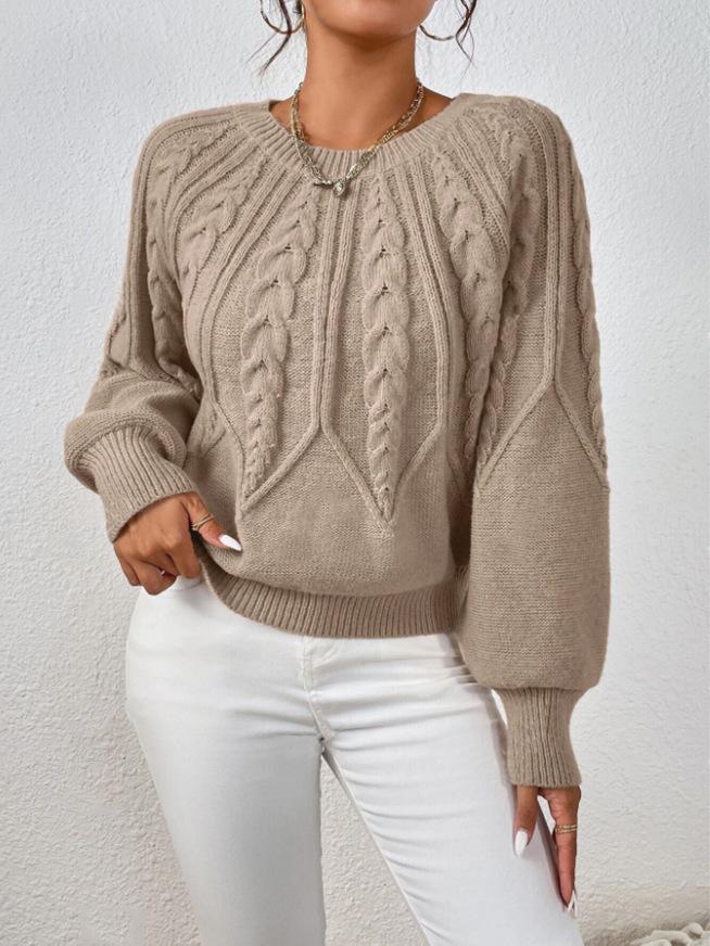 Women's Round Neck Cable Knit Sweater - Long Sleeve, Solid Color, Autumn Winter Versatile Pullover.