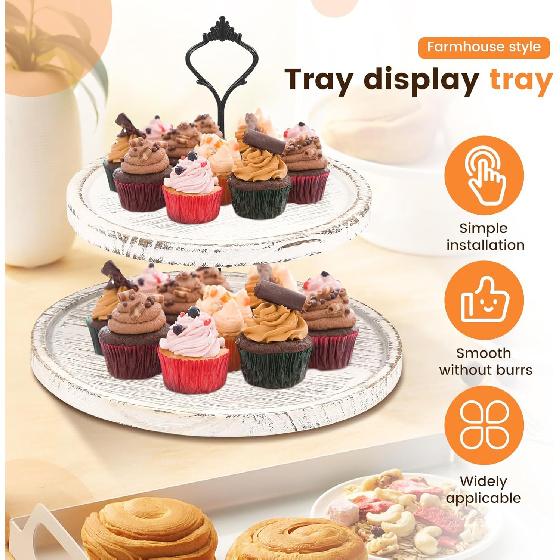 Wooden 2 Tiered Tray, Round Farmhouse Kitchen Table Decor, Wooden Tiered Tray Stand, Dessert Stand Kitchen Island Decor, Wooden Serving Tray for