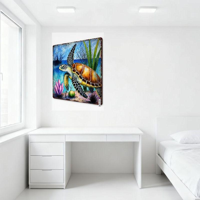 Vintage Green Sea Turtle Underwater Art Metal Tin Sign, Marine Life Beach Home Decor, Wall Plaque for Bar Cafe Man Cave