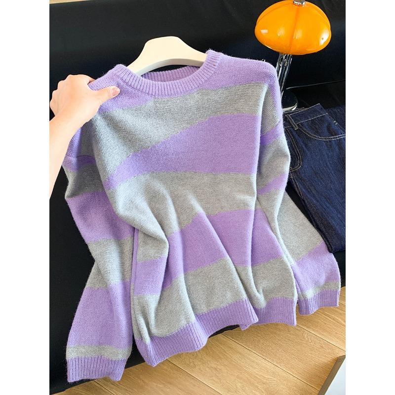 

Осень и зима новый нежный и ленивый наряд с мягким восковым фиолетовым пуловером с круглым вырезом и полосатым вязаным свитером-жакетом XL