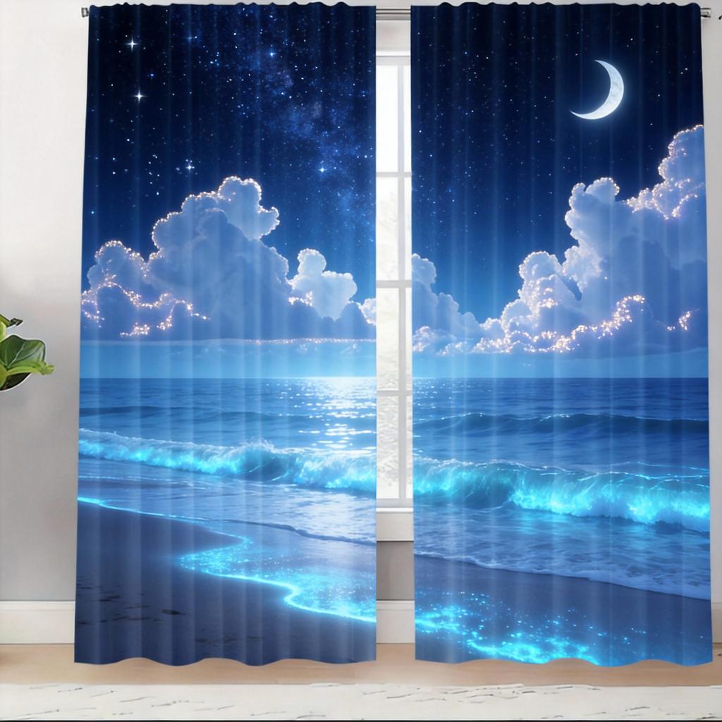 Seascape Curtains 2pcs – Ocean Waves Under Cloudy Sky, Serene Coastal View Window Decor for Home