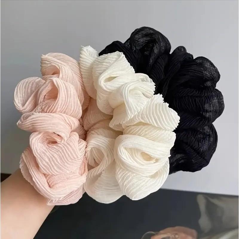 Solid Color Pleated Fabric Hair Ring Women Simple Cream Style High Elastic Scrunchie High-end Hair Accessories