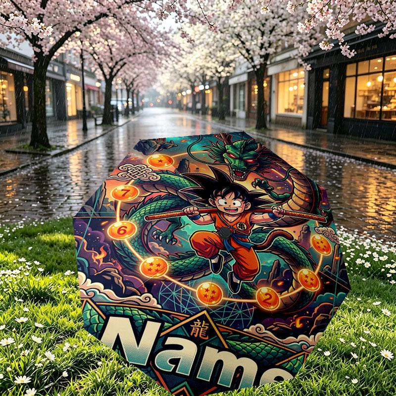 Custom Name Personalized Dragon Ball Z Print Umbrella, Auto Open Close, 8‑Rib Sturdy Frame, Commute Camping Hiking Use, Birthday Gift