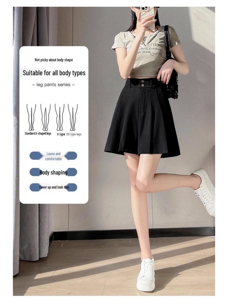 2025 Petite Plus Size Summer Suit: High-Waist A-Line Midi Skirt & Wide-Leg Five-Point Pants