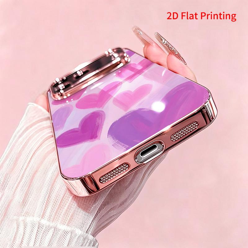 2DFlat electroplated tempered glass phone case,Pink and purple hearts pattern.,suitable for iPhone 18 Pro Max 17 16 15 14 13 12 11