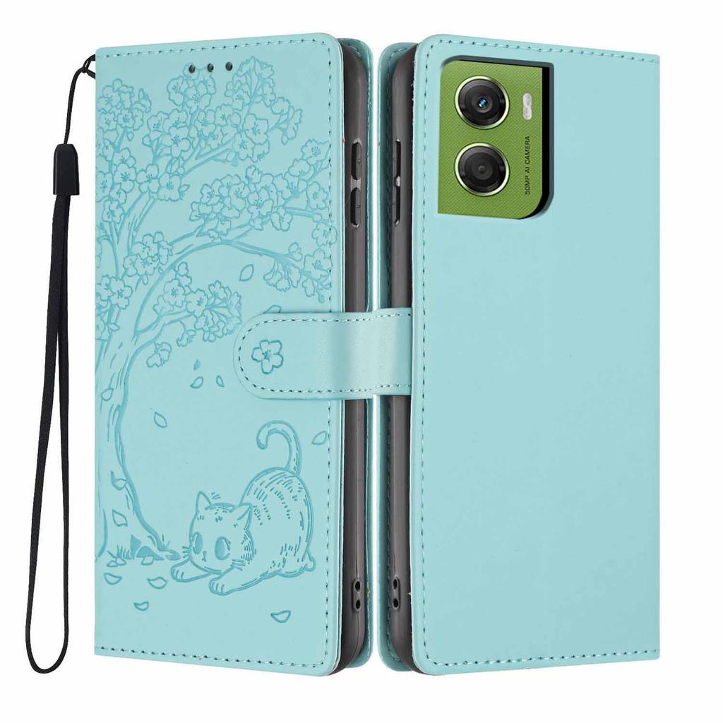 For Motorola Moto G06 4G/G06 Power 4G Stand Case Tree-and-Cat Pattern PU Leather Wallet Protective Phone Cover with Wrist Strap