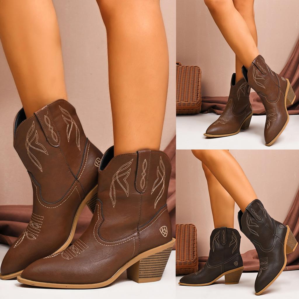 Women's Chunky Heel Pointed Toe Platform Slip Mid Heel Embroidered Denim Fashion Ankle Boots Leather Booties Women Boots