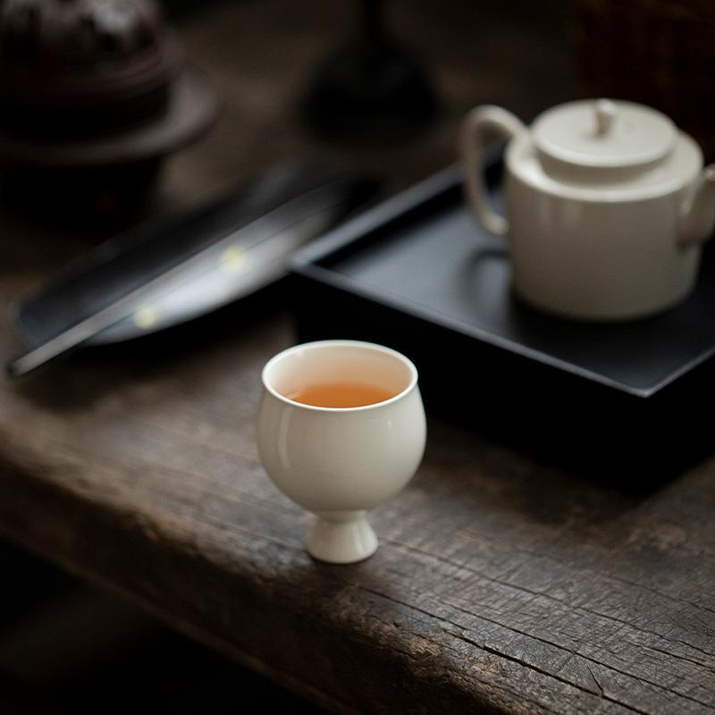 Ivory White Ceramic Stem Cup Song Dynasty Style for Tea Sake Small Bowl High Foot Chinese Antique Home Use Gift