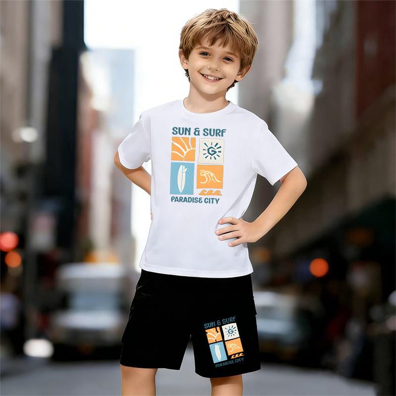 

Boys 2 Piece Sun Surfboard Pattern Print Outfit, Short Sleeve T-Shirt and Shorts Set for Kids Age 5-14, Black and White Sporty Casual Summer Clothes 13-14 Years білий