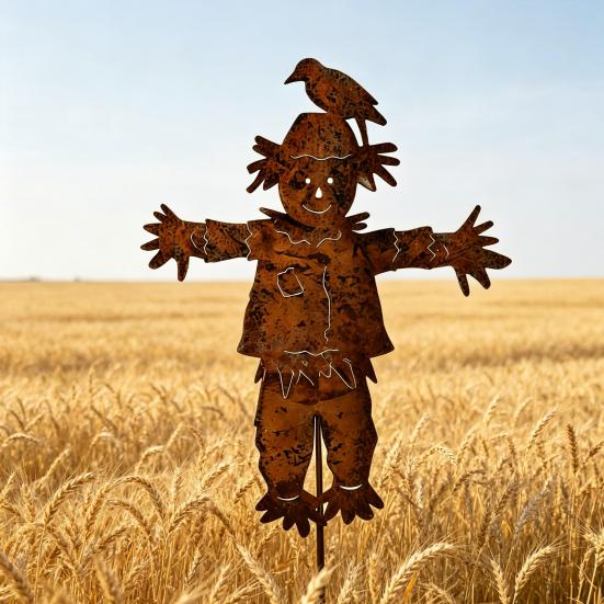 Metal Scarecrow Garden Stake, 27.36 Inches Rusty Scarecrow Yard Art Stake, Farmhouse Yard Sign with Stake, Rustic Outdoor Decoration for Lawn