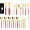 32Pcs Red Gold Dinnerware Stainless Steel Cutlery Set Knife Fork Tea Spoon Drink Straw Flatware Set Kitchen Flatware Tableware