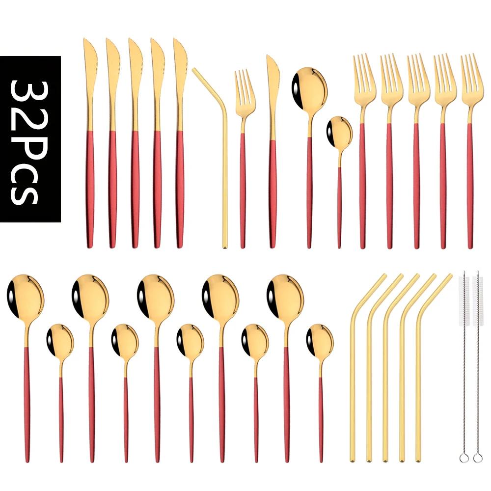 32Pcs Red Gold Dinnerware Stainless Steel Cutlery Set Knife Fork Tea Spoon Drink Straw Flatware Set Kitchen Flatware Tableware