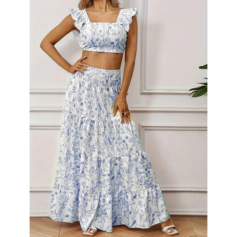 

European and American Cross-Border Export Fashion Repair Print Women s Suit Long dress Short Top Lady Skirt Tall and Thin Independent Station Azure Blue XL
