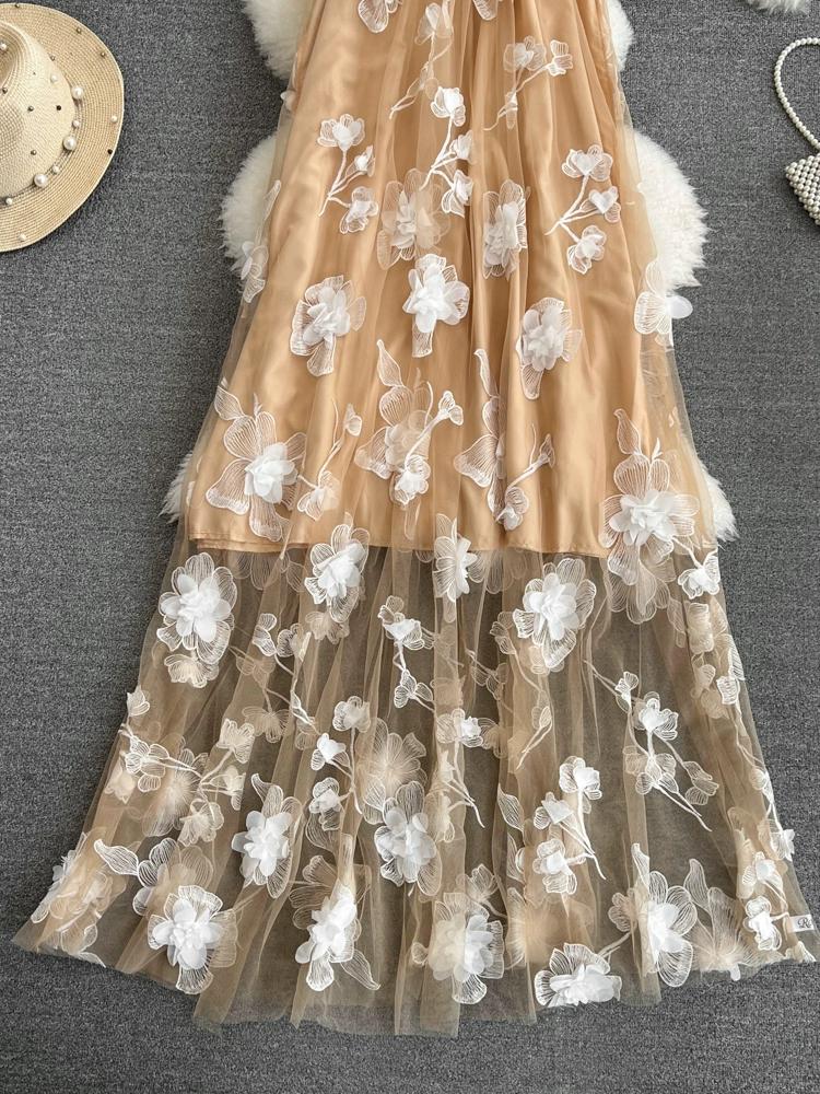 Summer Women 3D Flower Embroidery Mesh Long Maxi Chic Boho Beach Holiday Dresses