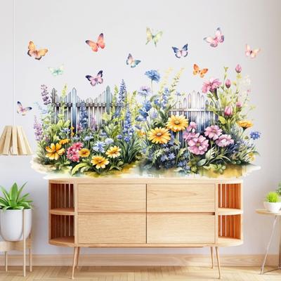 Spring Wildflower Fence Wall Sticker Colorful Butterfly Floral Wall Murals Removable Peel And Stick Decals for Bathroom Bedroom Kitchen Home Decor