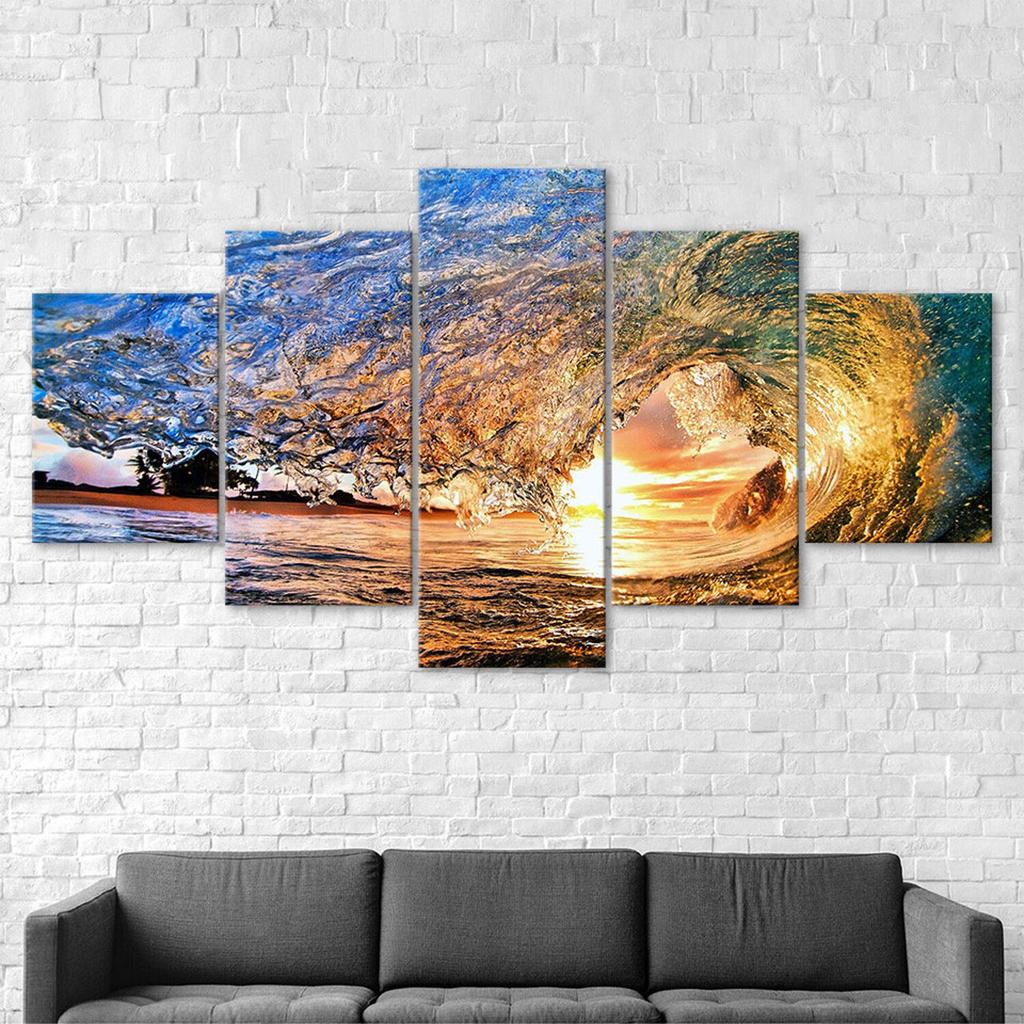 Ocean Wave Sunset Beach Scenery 5 Piece Five Panel Canvas Print Modern Wall Art Poster Home Decor Gift For Him For Her
