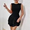 Damen Sommer Ärmelloses Minikleid Sexy Rundhalsausschnitt Raffung Rüschensaum Einfarbige Bodycon Freizeitkleid