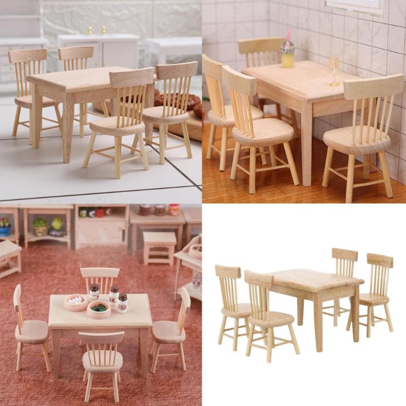 Realistische Details 1/12 Maßstab Puppenhäuser Möbel 5-teiliges Holz Tisch- und Stuhlset