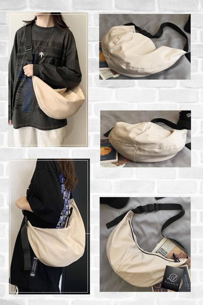 Aquamie Messenger Bag, Crossbody Nylon Shoulder Bag, Solid Color, Lightweight, Student Size, A4 Size, Horizontal, Zippered, Simple, White (Off-White)